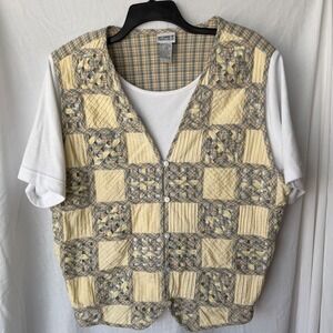 Vintage 90s Cottagecore Koret Francisca Vest Top Yellow Plaid Patchwork Plus 22W